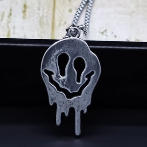 Punk Melting Smiley Face Ghost Pendant Necklace Unisex Vintage Silver Alloy Box Chain Street Hip Hop Fashion Style Jewelry