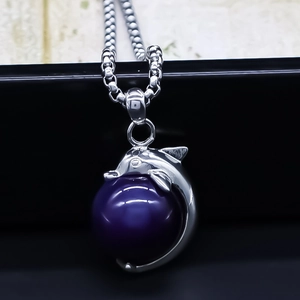 Korean Style Fashion Dolphin Pendant Necklace With Purple Glass Bead Alloy Clavicle Box Chain For Unisex Daily Jewelry