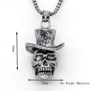 Men's punk skull pendant necklace with top hat in vintage silver stainless steel