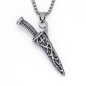 Gothic embossed dagger pendant necklace in silver stainless steel with box chain