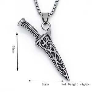 Gothic alloy sword pendant necklace with intricate relief patterns and metal square chain