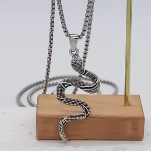 Punk style snake pendant necklace with detailed scales and box chain for men