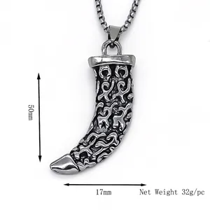 Punk style silver horn pendant necklace with tribal carvings on a bold square link chain