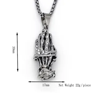Vintage silver skull hand pendant necklace for men with box chain and 39mm length