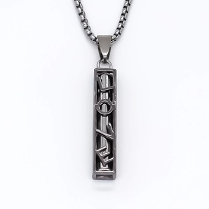 Modern gunmetal vertical rectangle pendant necklace with LOVE cutout on a box chain