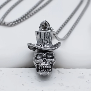 Gothic punk skull pendant with gentleman hat on vintage silver box chain necklace