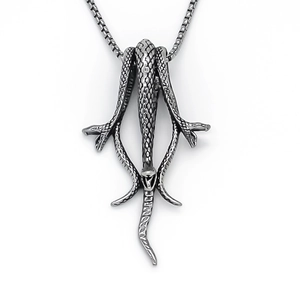 Hip hop style multi-headed snake pendant necklace in retro oxidized silver finish