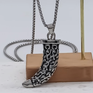 Vintage silver curved horn totem pendant necklace with black box chain for men