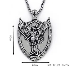 Vintage stainless steel archangel shield pendant necklace for men with 26g net weight