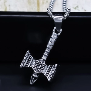 Vintage Alloy Thor Hammer Pendant Necklace Nordic Mjolnir Hip Hop Punk Jewelry For Men Celtic Knot Design Retro Silver Chain