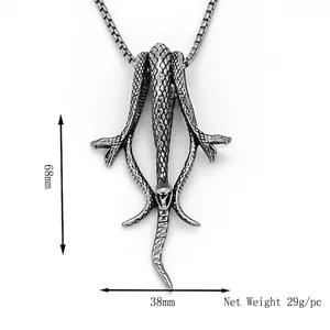 Gothic multi-headed snake pendant necklace in vintage stainless steel with fine scales