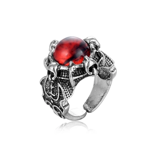 Gotischer Ring mit rotem Teufelsauge und verstellbarem Band in Vintage Silber