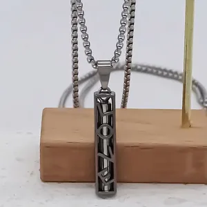 Minimalist gunmetal black square pillar LOVE necklace with a vertical hollow box chain