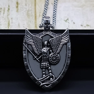 Vintage Alloy Archangel Michael Shield Pendant Necklace For Men Women Retro Silver Religious Cross Chain Jewelry Gift