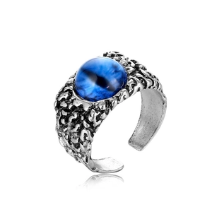 Retro silver adjustable ring with lava texture and a deep blue evil eye gemstone