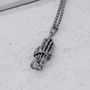 Retro silver skeleton hands prayer pendant with box chain necklace for men gothic style