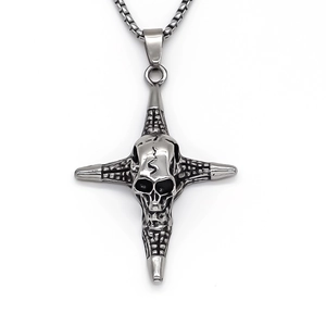 Retro punk cross pendant necklace with skull design and silver box chain for men