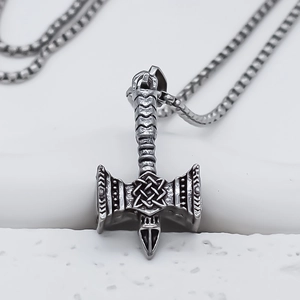 Vintage stainless steel Mjolnir hammer pendant necklace with Celtic knot patterns
