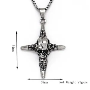 Retro stainless steel skull cross pendant necklace for men with 54mm by 37mm dimensions