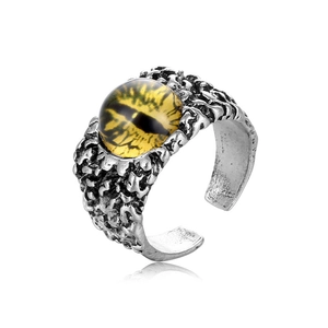Alloy Evil Eye open ring with yellow cat eye stone and vintage textured finish