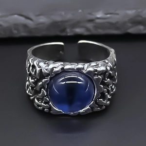 Vintage Punk Evil Eye Adjustable Open Ring For Men Women Blue Synthetic Gemstone Alloy Finger Ring Hip Hop Jewelry Gift