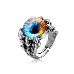Gothic silver alloy evil eye ring with blue-orange gradient eye and claw-like band