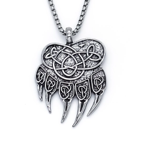 Vintage Celtic knot bear claw pendant necklace in oxidized stainless steel for men and women
