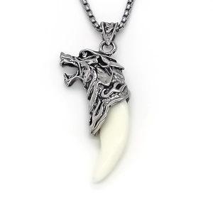 Antique silver wolf head pendant necklace with ivory white resin tusk on box chain