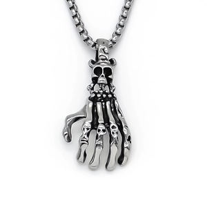 Gothic skull hand bone pendant necklace in retro silver stainless steel with box chain