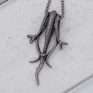 Gothic multi-headed snake pendant necklace in oxidized finish with durable box chain