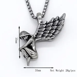 Collier pendentif aile d'ange vintage en métal argenté vieilli, taille 35mm