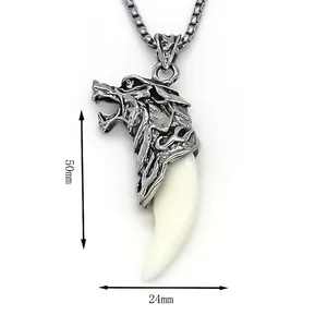 Wolf head pendant necklace in punk viking style with fang detail, 50mm x 24mm size