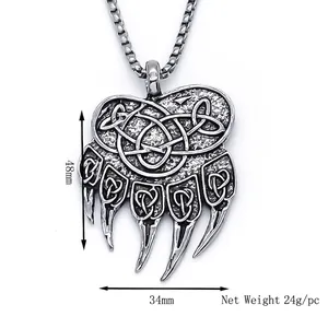 Retro Celtic knot bear claw pendant necklace in vintage silver alloy with measurements
