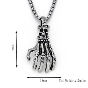 Retro stainless steel skull hand skeleton pendant with box chain, 36mm x 18mm size