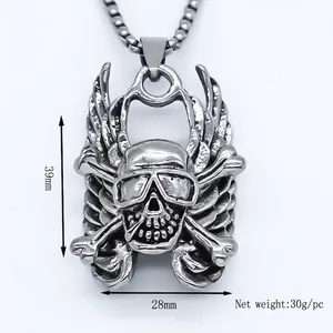 Cyberpunk skull pendant necklace with goggles and wings in vintage silver finish