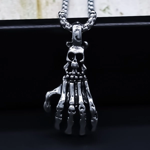 Punk Gothic Skull Hand Bone Pendant Necklace Alloy Retro Silver Skeleton Necklace Unisex Box Chain Niche Jewelry Gift
