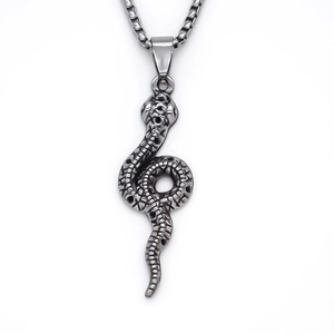 Punk style silver snake pendant necklace with detailed scales on square pearl chain