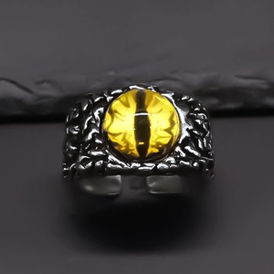 Gothic evil eye ring with yellow gem and vintage alloy adjustable open band for men
