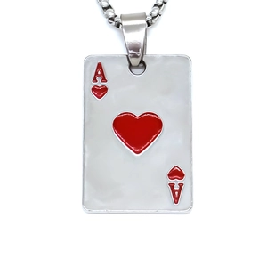 Collier avec pendentif carte de poker as de cœur en alliage argenté et émail rouge