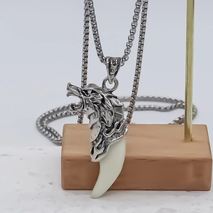 Wolf head pendant necklace with white fang accent and silver box chain for men and women