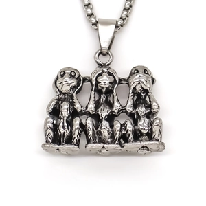 Collana con pendente tre scimmie sagge punk retrò per uomo con catena quadrata in metallo