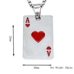 Collier avec pendentif carte à jouer As de Cœur à la mode en acier inoxydable argenté
