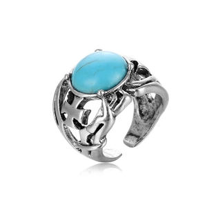 Punk style blue devil eye adjustable alloy ring with vintage silver hollow carvings
