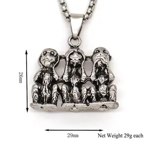 Collana con ciondolo tre scimmie sagge in lega d'argento vintage con dimensioni
