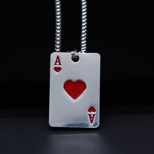 Collier Pendentif Carte De Poker As De Cœur En Alliage Émail Rouge Argenté Chaîne De Pull Pour Hommes Femmes Bijoux Streetwear