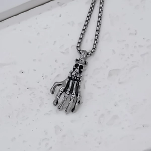 Punk vintage stainless steel skull hand bone pendant necklace with durable box chain