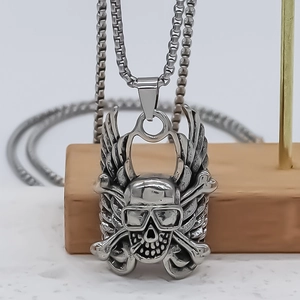 Cyberpunk skull pendant with wings on square bead chain in silver finish