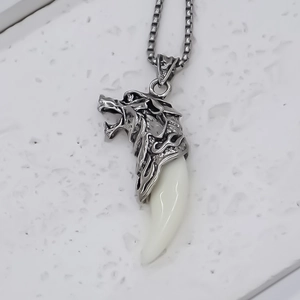 Wolf head and tooth pendant necklace in antique silver with stainless steel chain link