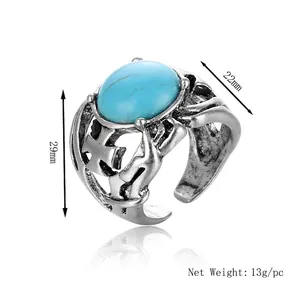 Vintage punk silver alloy blue evil eye ring with religious cross relief and stone