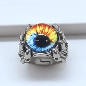 Gothic punk devil eye ring with yellow gradient dragon eye and silver claw setting